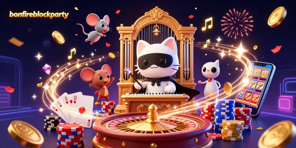 Engage in the lively atmosphere of bonfireblockparty with vibrant casino characters and dynamic gambling action.