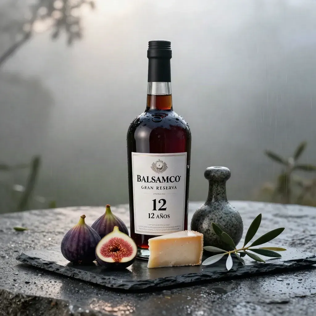 Botella heroica de vinagre balsámico con higos, queso curado y rama de olivo sobre pizarra húmeda