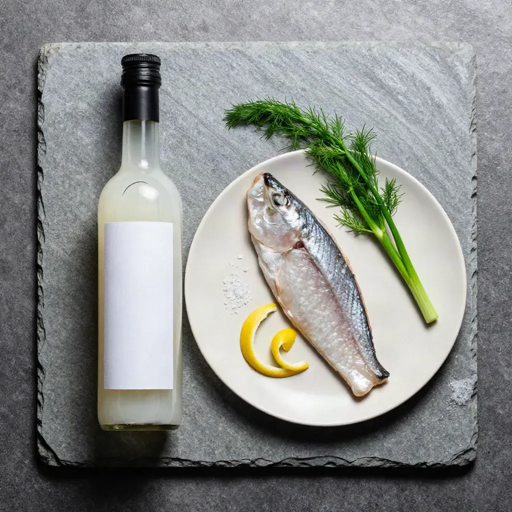 Botella de balsámico blanco con lubina, hinojo, limón y sal sobre piedra crema.