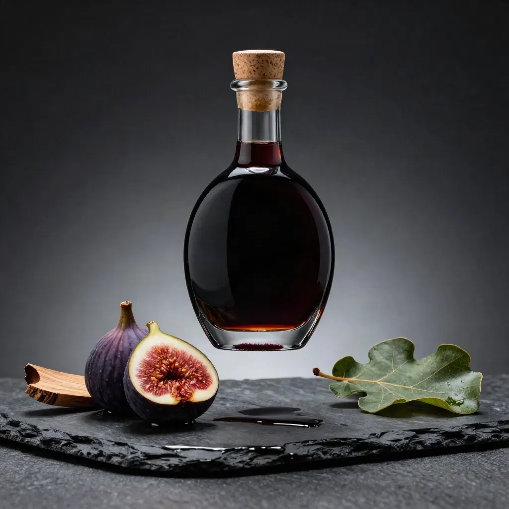 Botella de reserva balsámica, higo abierto y viruta de cedro sobre pizarra húmeda con niebla fría.