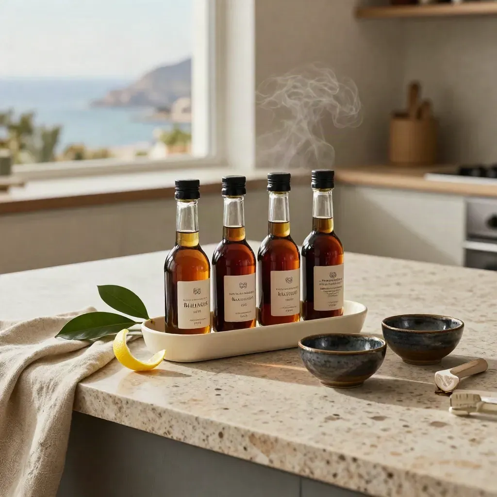 Pack cata de cuatro botellas de balsámico con hojas, limón y cuencos sobre lino crema.