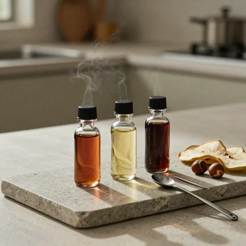 Tres mini botellas de vinagre balsámico con peras secas, avellanas y cucharitas sobre piedra.