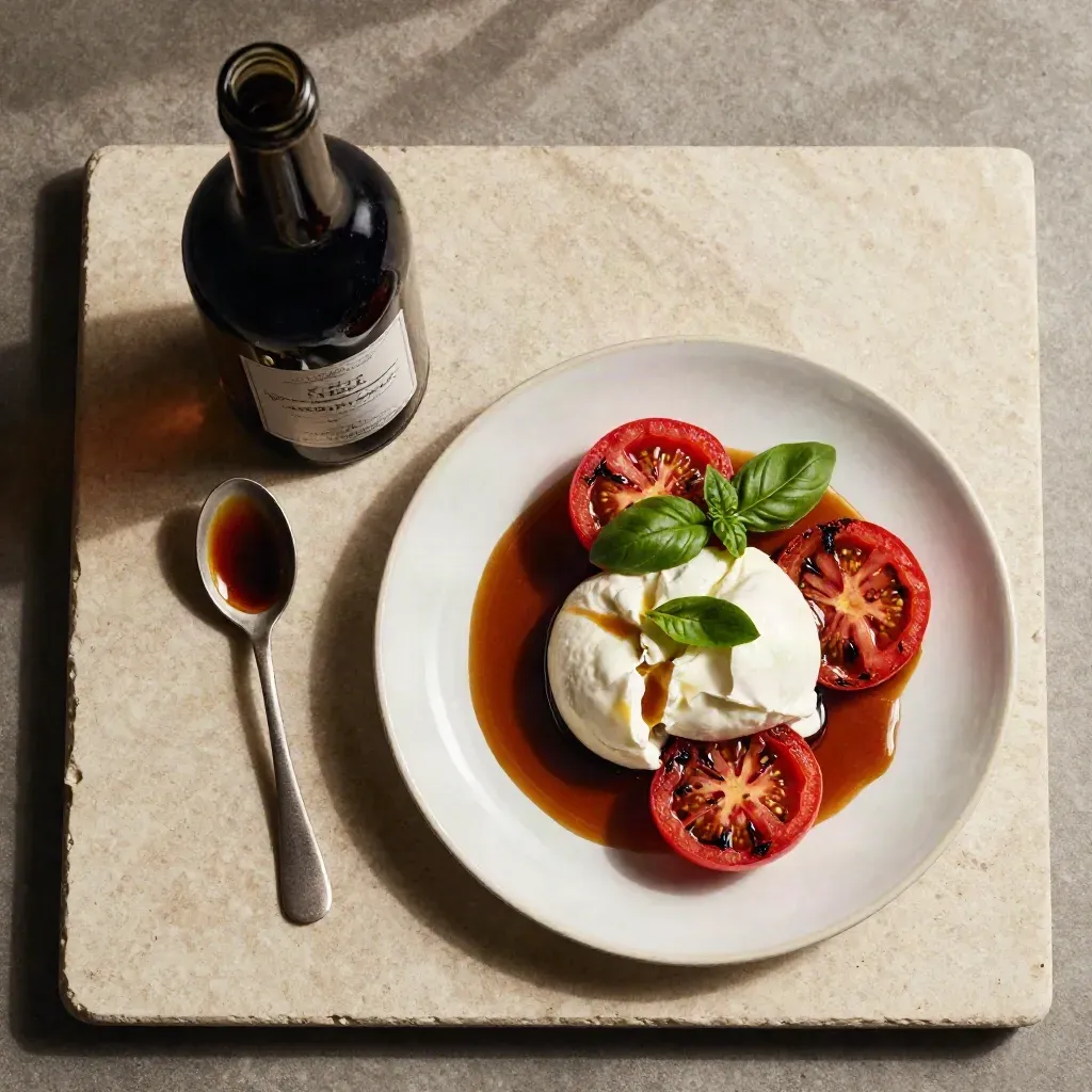 Flatlay de crema de Módena con tomate asado, burrata y albahaca sobre piedra clara.