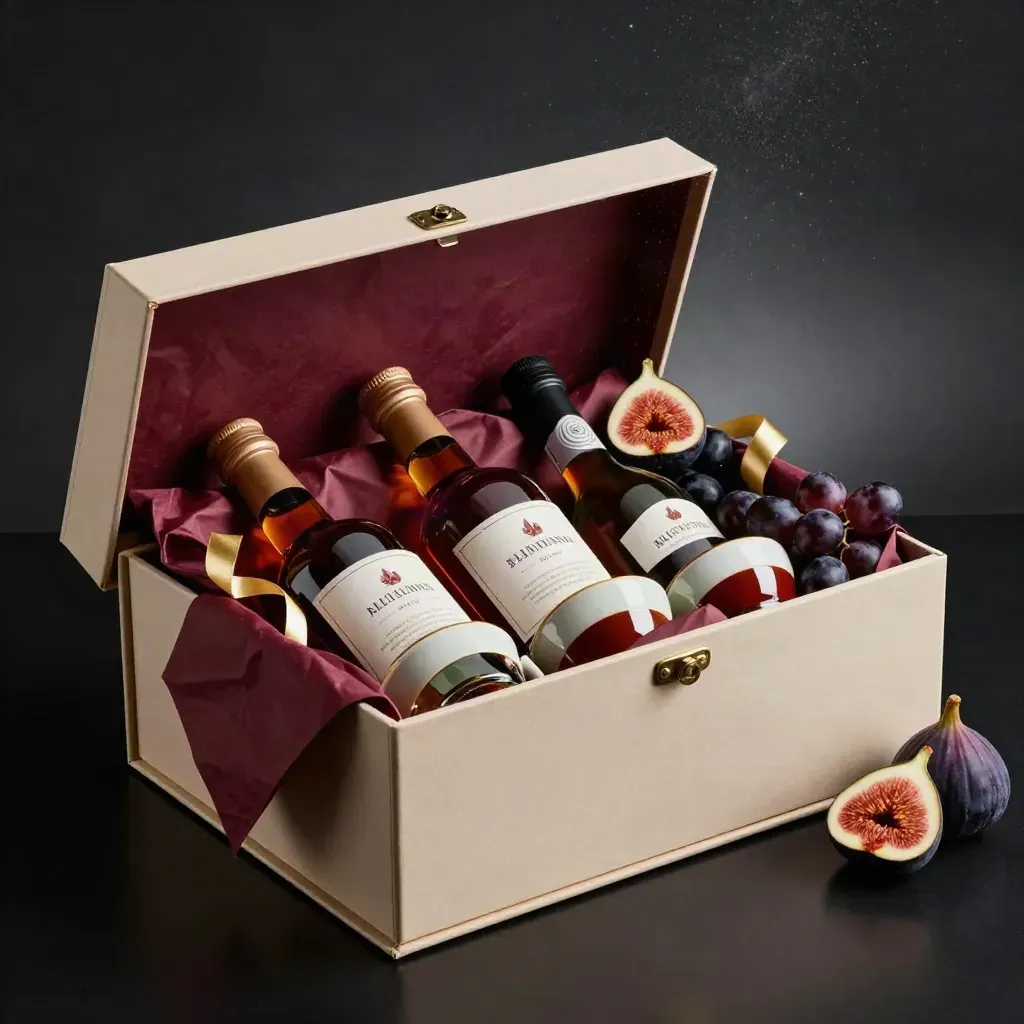 Caja regalo gourmet abierta con tres botellas, dos reducciones, higos, uvas y lazos dorados.