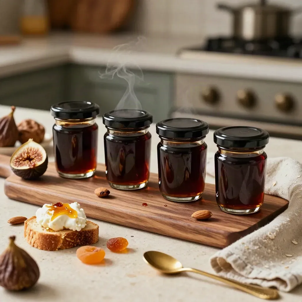 Cuatro tarritos de degustación dulce con higos, almendras, tostada con ricotta y lino en cocina cálida.