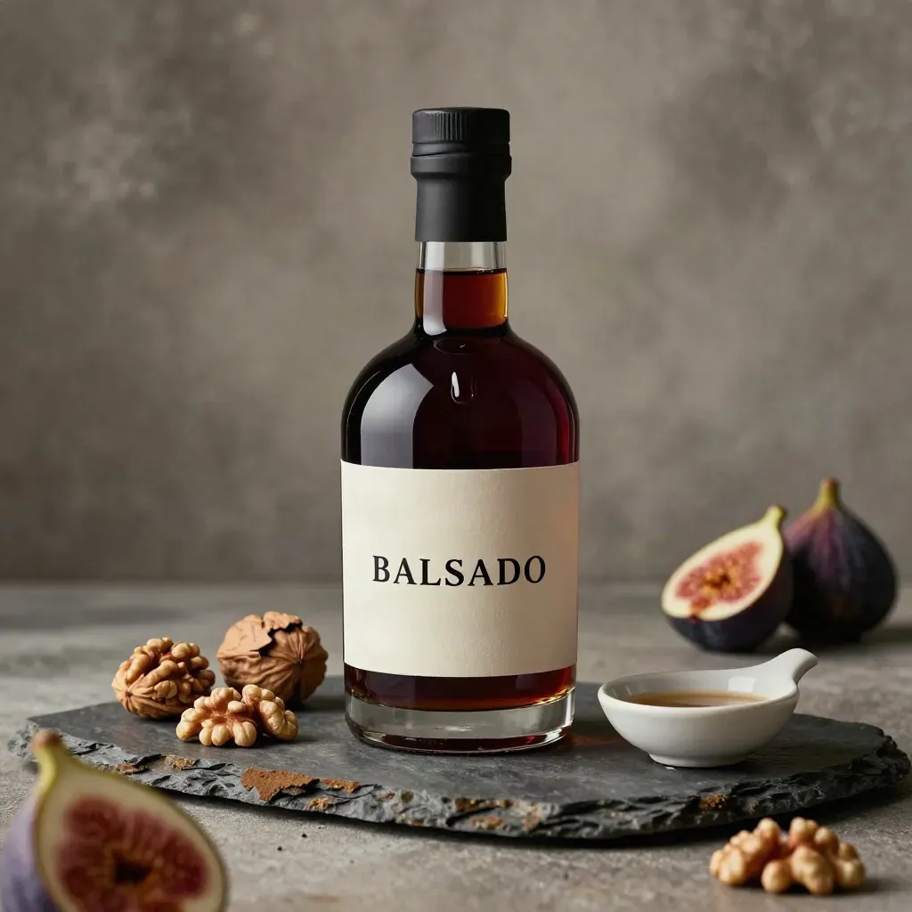 Botella de vinagre balsámico con higos, nueces y cuenco cerámico sobre pizarra.