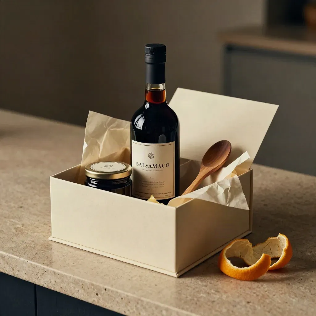 Caja regalo gourmet abierta con botella y tarro balsámicos, cuchara de madera y piel de cítrico.