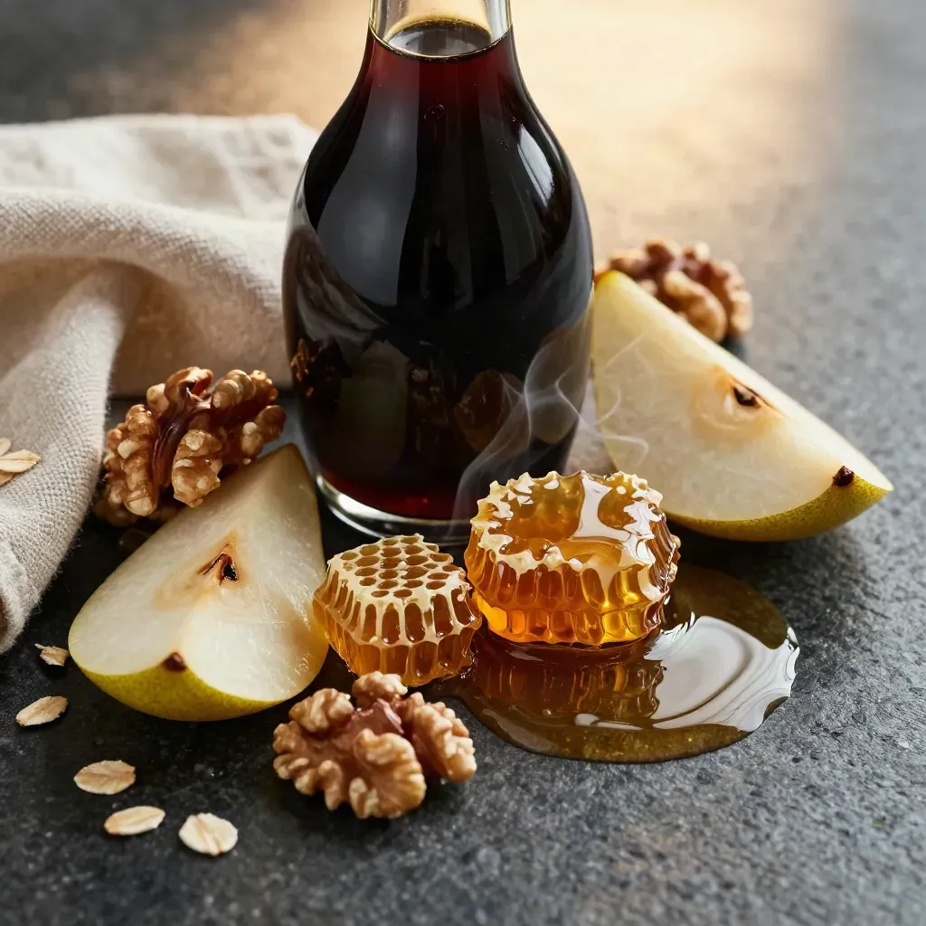 Botella sin etiqueta de salsa balsámica con miel, miel, nueces, pera y lino sobre piedra oscura.
