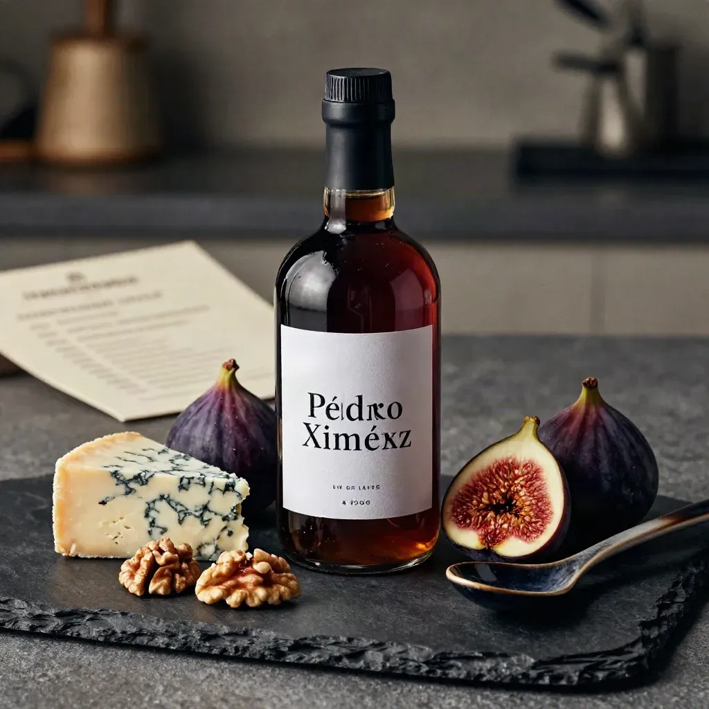 Botella de reducción de Pedro Ximénez con higos, queso azul, nueces y cuchara cerámica oscura.