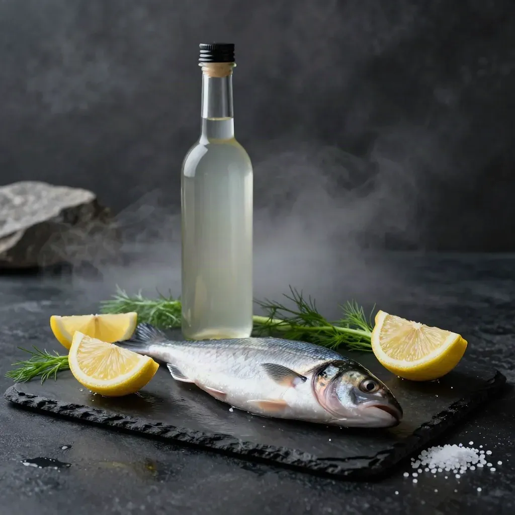 Botella de balsámico blanco con lubina, hinojo, limón y sal sobre pizarra oscura.