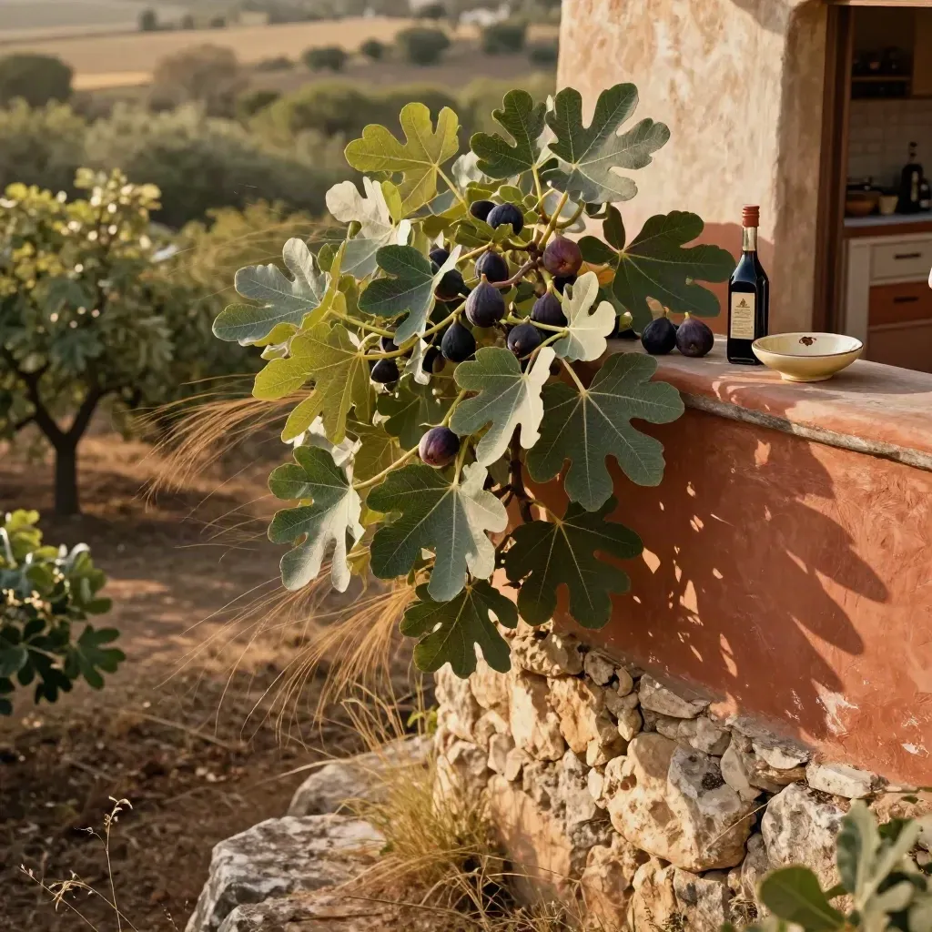 Terraza de higuera al atardecer con muro de terracota y reducción balsámica en cerámica.