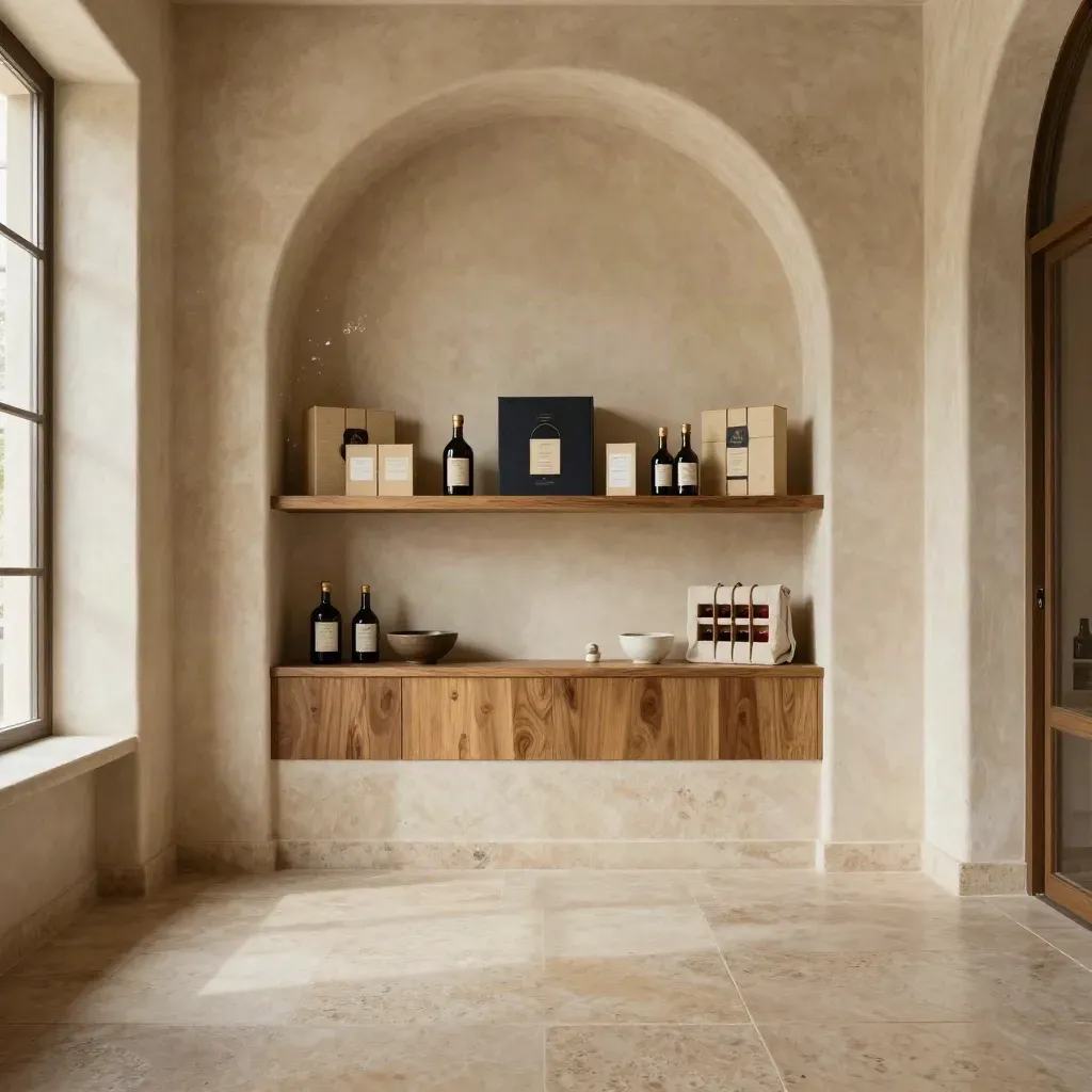 Interior mediterráneo con arco de yeso, cajas regalo de balsámico y luz suave.