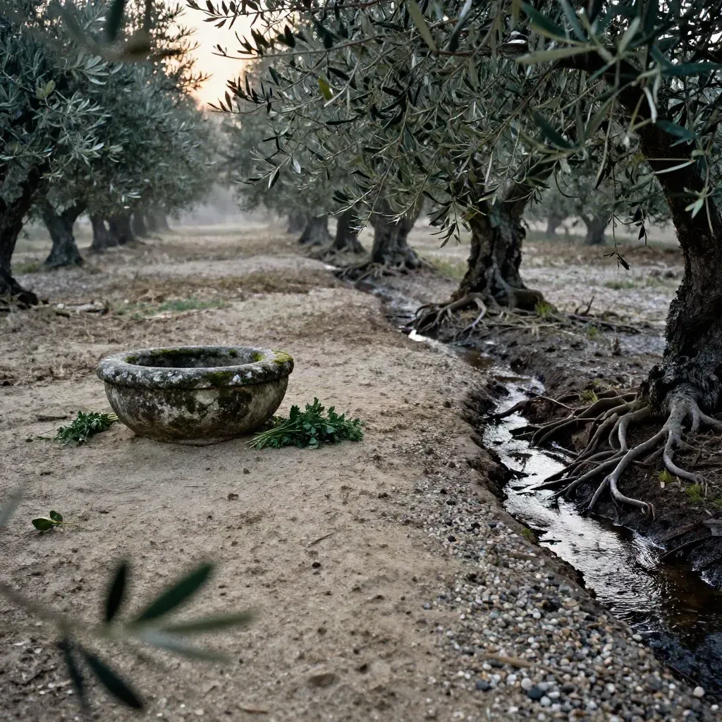 Suelo de olivar al atardecer con cuenco de piedra, hierbas y arroyo suave para texto.