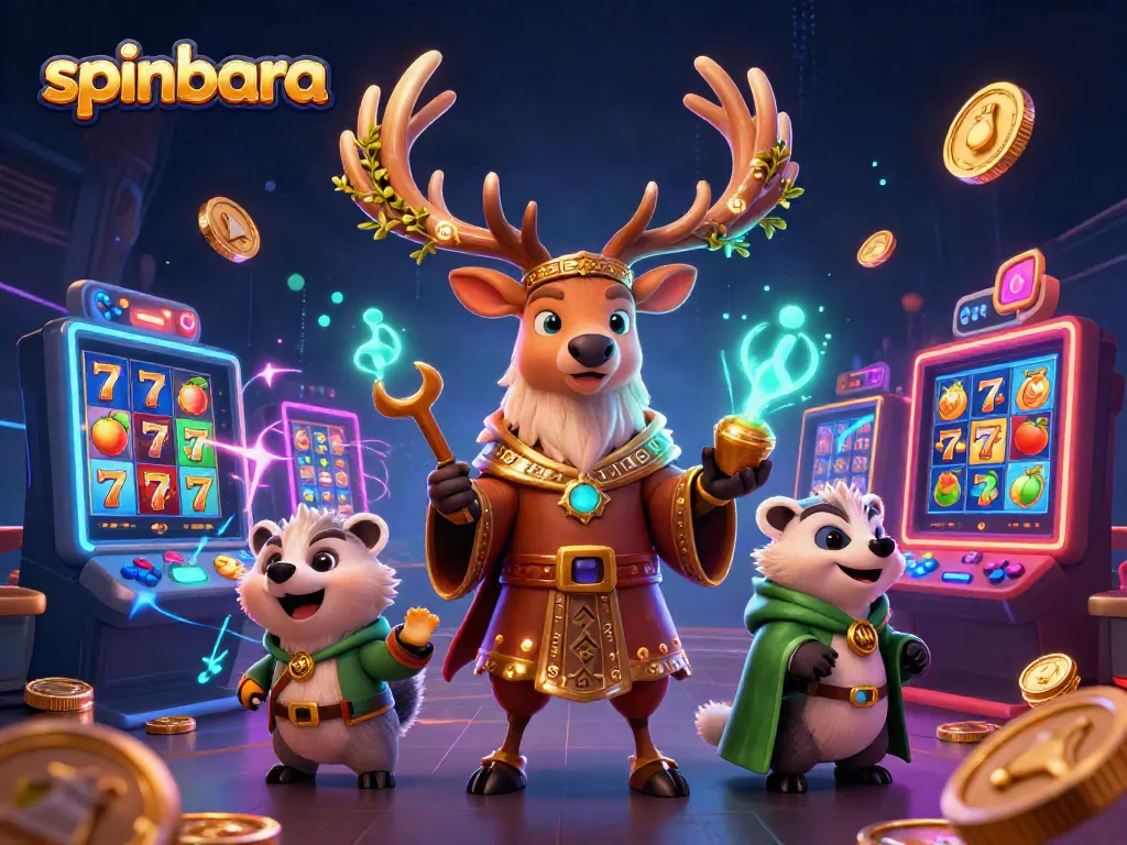 Spinbara's dynamic casino world featuring a stylized Celtic druid stag and engaging slot machines.
