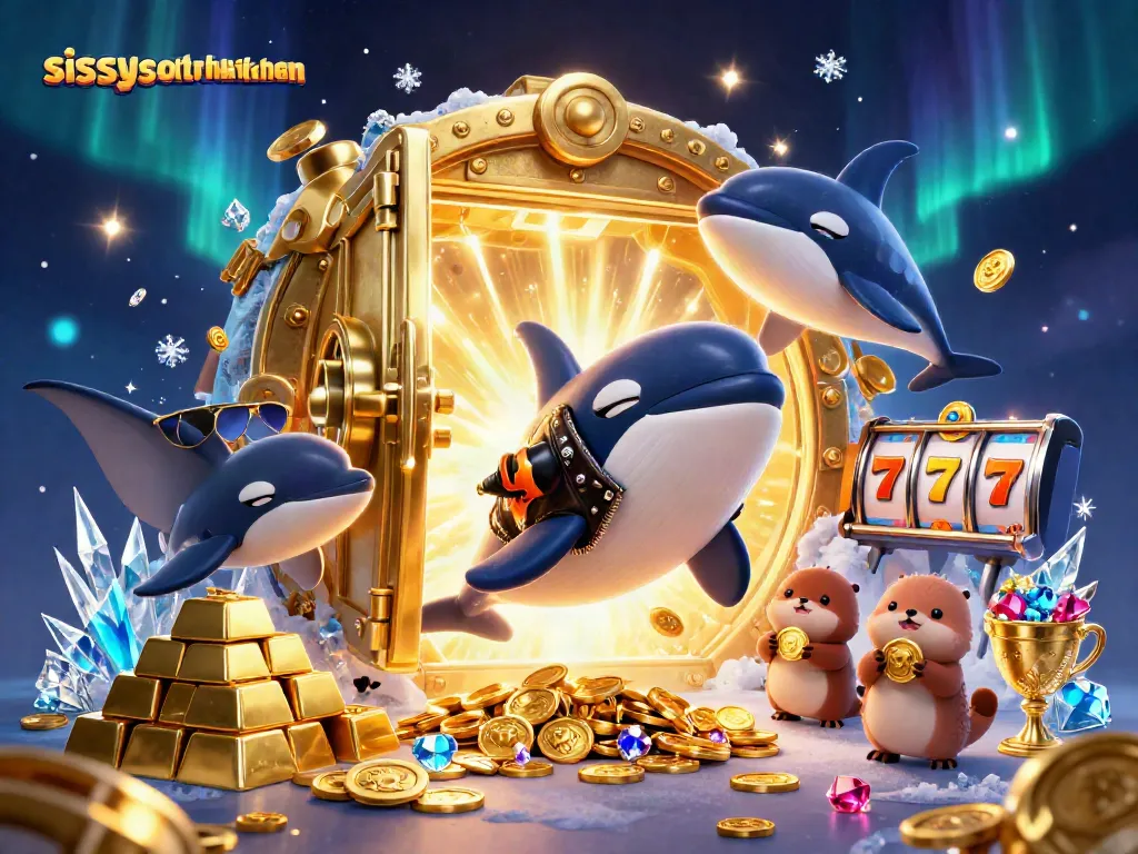 Sissy's Southern Kitchen showcases winning moments with sea animals celebrating around a vibrant casino theme.