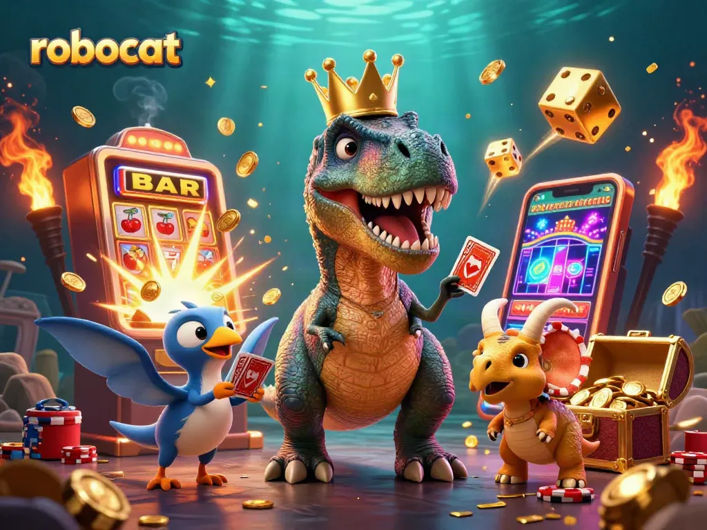 Experience thrilling moments with robocat at a vibrant online casino scene featuring fun characters and slot machines.